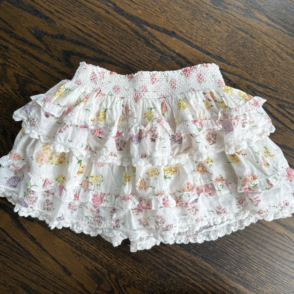 LoveShackFancy Floral Mini Skirt - White and Pink
